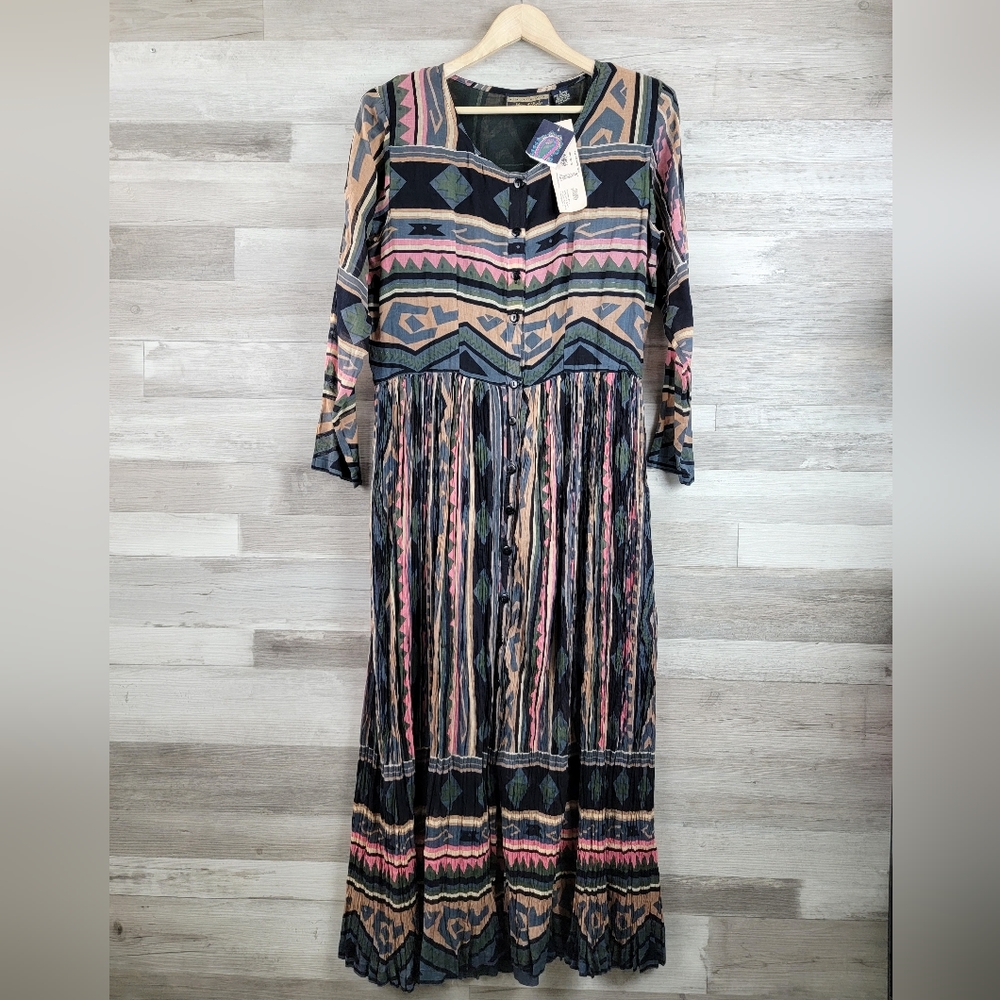 Vintage 80s Her Style Sheer Cotton Button Front Pleated Maxi Dress Size LG NWT - Picture 12 of 16